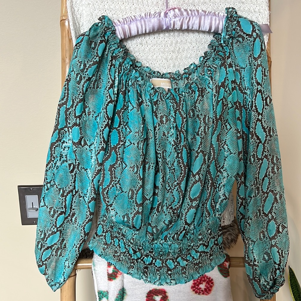 Michael Kors teal / turquoise long sleeve snake print blouse